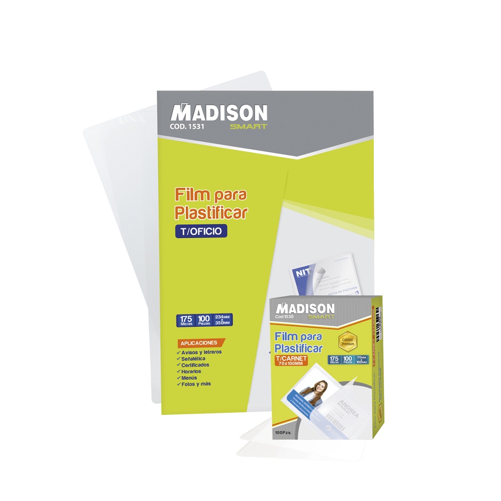 Film Para plastificar 175 micras 234x350mm Madison 100pcs T/Oficio