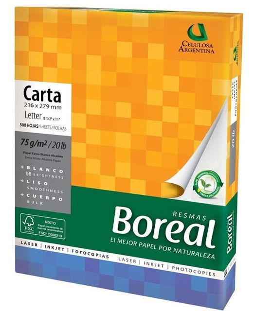 Papel Bond Boreal Celulosa Argentina 75gr. Tamaño (Carta) 500Hjs.
