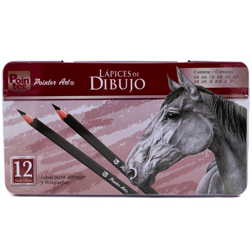 Lapiz de Dibujo H, F, HB, B, 2B, 3B, ... 8B y 9B estuche metalico Pointer 12Pcs caballo