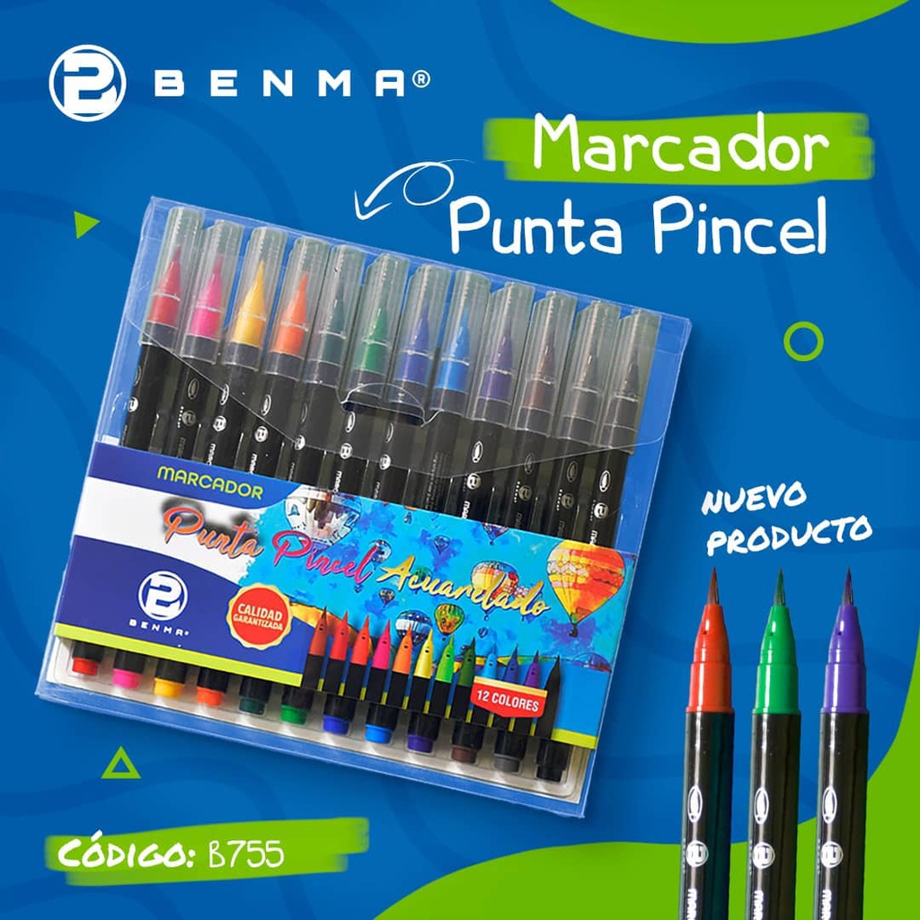 Marcador Punta Pincel Acuarelado Benma 12 colores